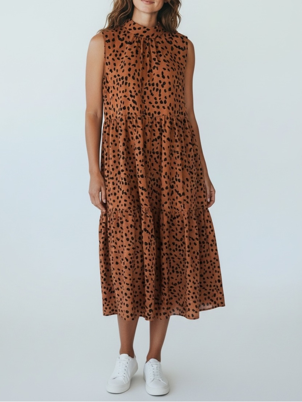 Calista Leopard Print Dress Bow Tie Neck Sleeveless Tiered Quiet Luxury Y2K - Picture 1 of 9
